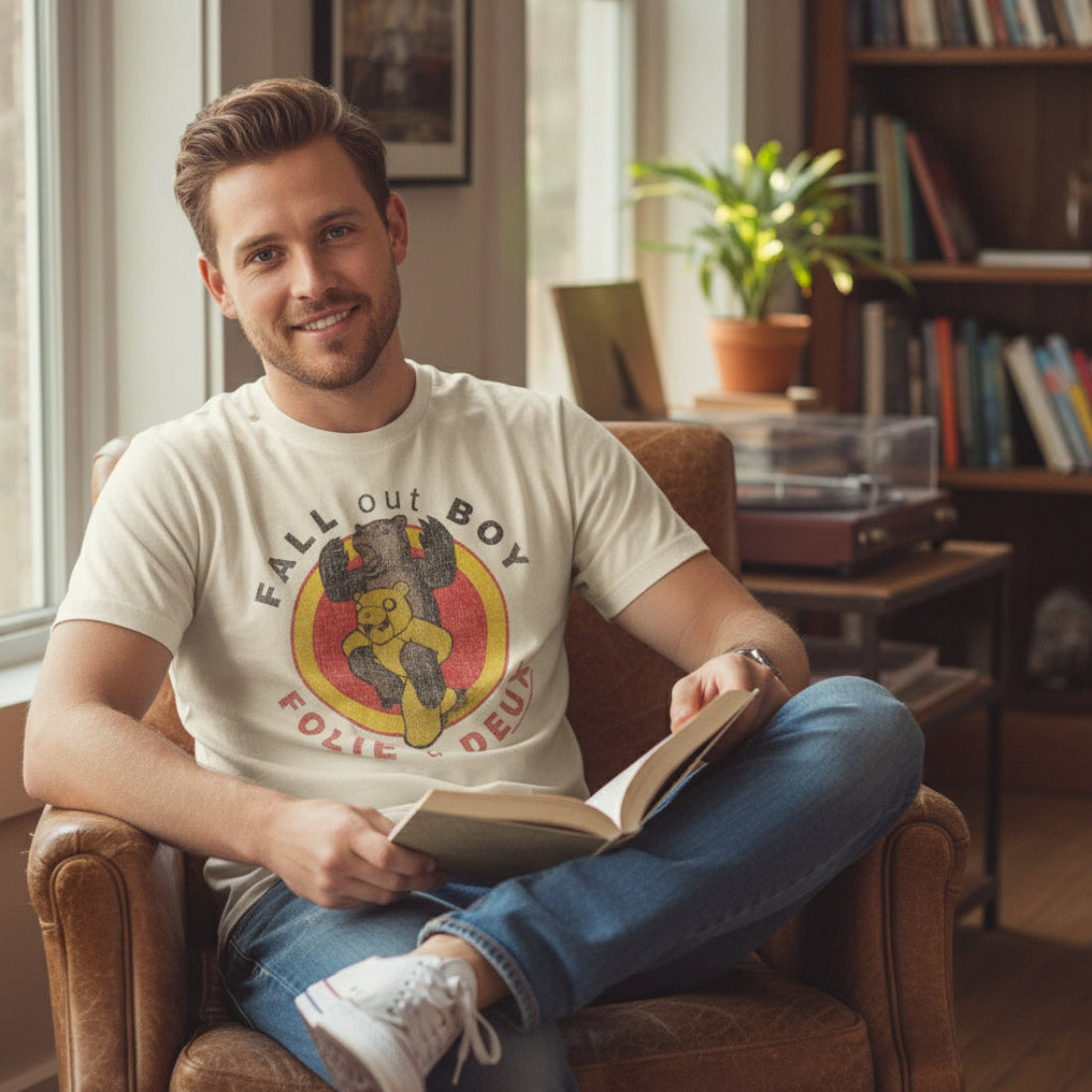 MAN WEARING FALL OUT BOY SHIRT FOB506S, FOB506M, FOB506L, FOB506XL, FOB506XXL, FOB506XXXL, FOB506XXXXL