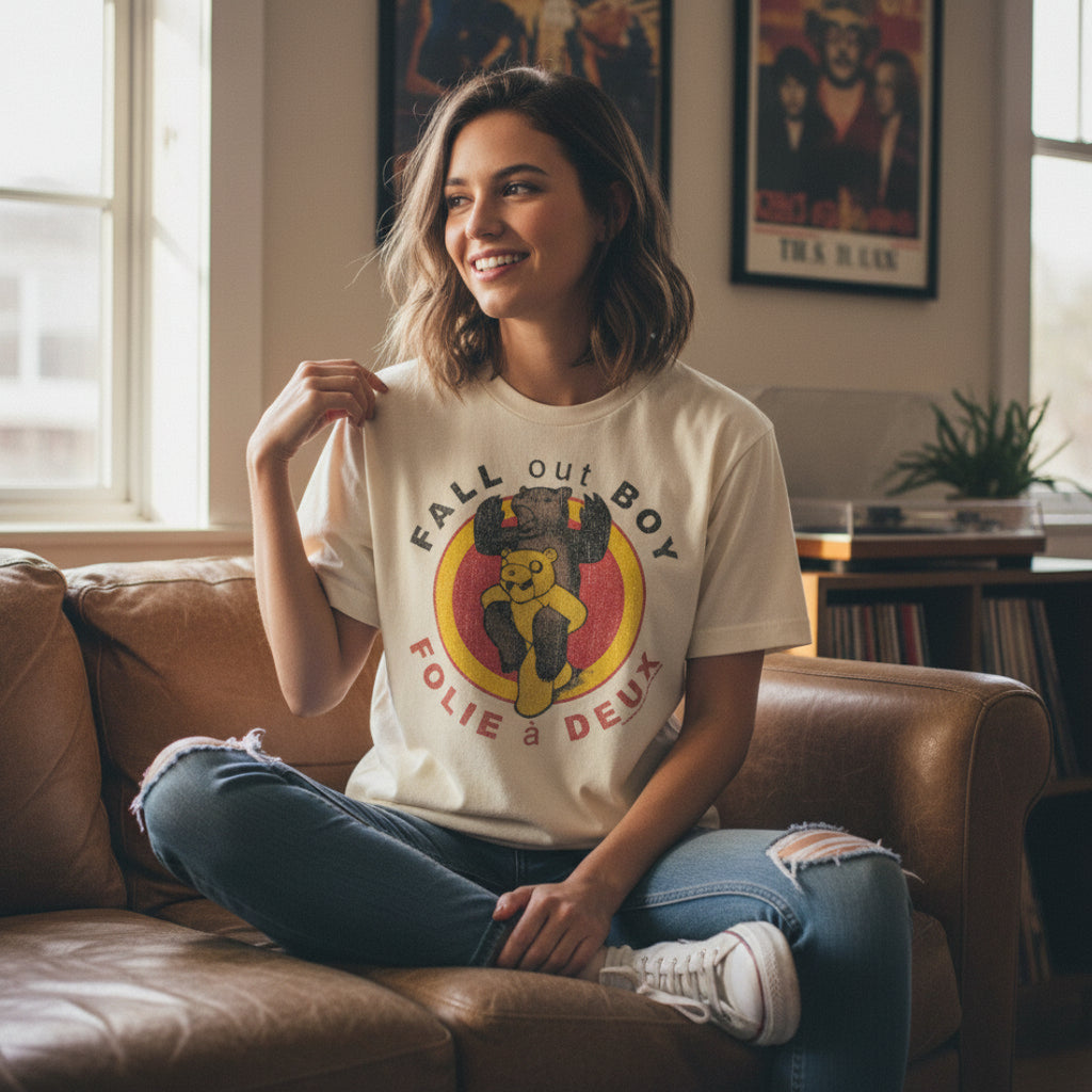 WOMAN WEARING FALL OUT BOY SHIRT, FOB506S, MFOB506M, FOB506L, FOB506XL, FOB506XXL, FOB506XXXL, FOB506XXXXL