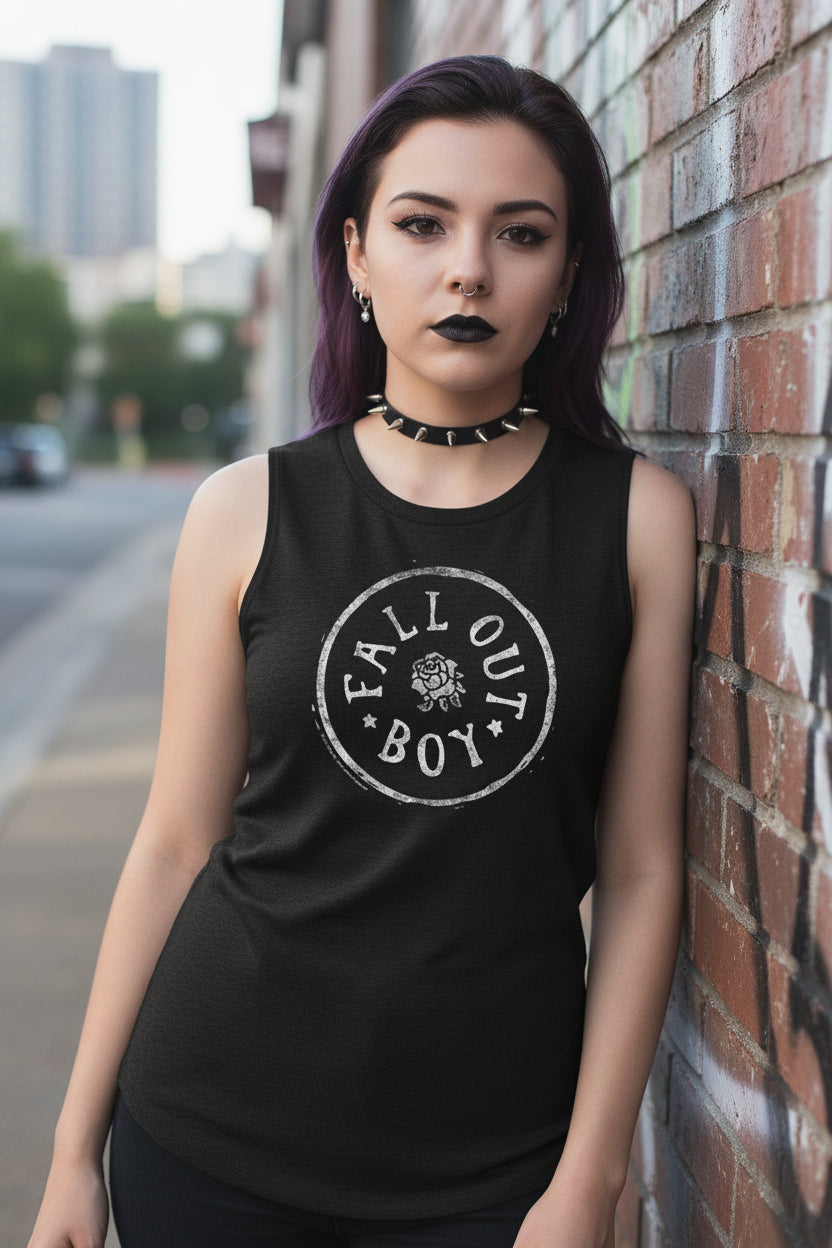 WOMAN WEARING FALL OUT BOY TANK TOP FOB504-515S, FOB504-515M, FOB504-515L, FOB504-515XL, FOB504-515XXL