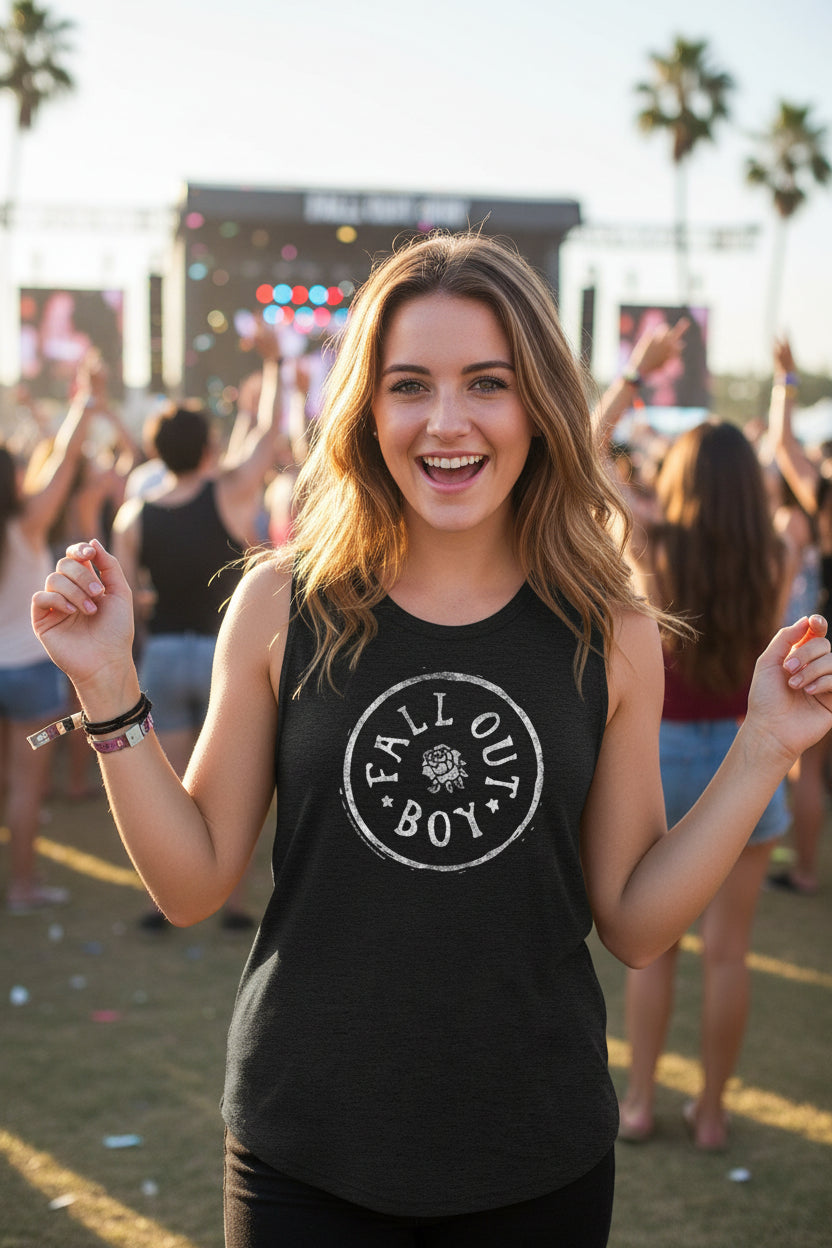 WOMAN WEARING FALL OUT BOY TANK TOP FOB504-515S, FOB504-515M, FOB504-515L, FOB504-515XL, FOB504-515XXL