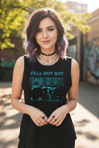 WOMAN WEARING FALL OUT BOY WOMEN'S TANK TOP FOB521-329S, FOB521-329M, FOB521-329L, FOB521-329XL, FOB521-329XXL