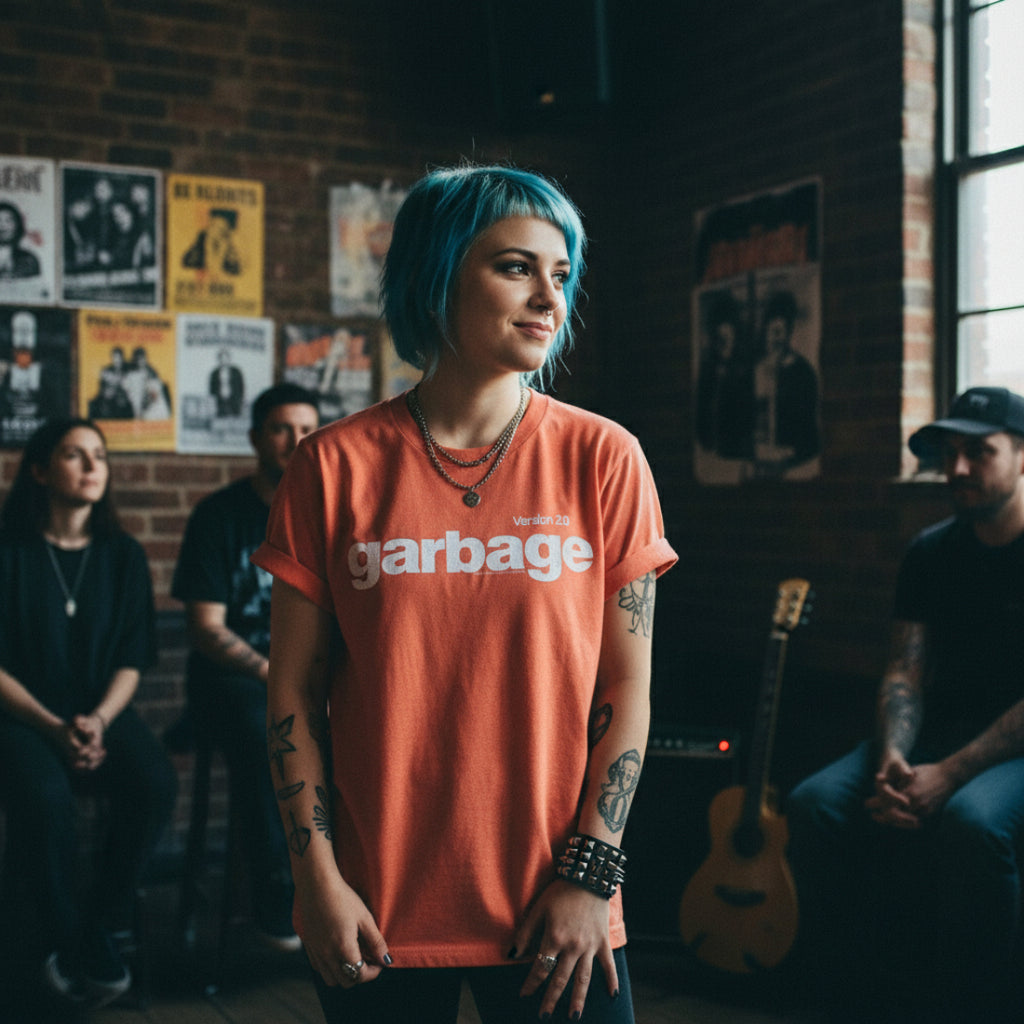 Woman wearing Orange t-shirt with 'garbage Version 2.0'GARB504S, GARB504M, GARB504L, GARB504XL, GARB504XXL