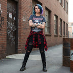 Woman wearing Navy t-shirt with 'Stay Puft' graphic and text. RGB542S, RGB542M, RGB542L, RGB542XL, RGB542XXL, RGB542XXXL, RGB542XXXXL, RGB542XXXXXL