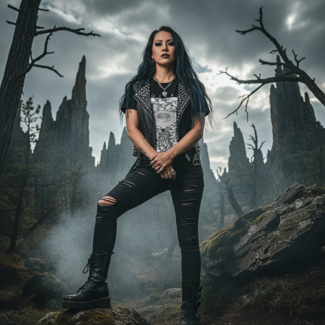 WOMAN WEARING Black t-shirt with Gojira graphic designMM-GOJ-03S, MM-GOJ-03M, MM-GOJ-03L, MM-GOJ-03X, MM-GOJ-03XX, MM-GOJ-03XXX