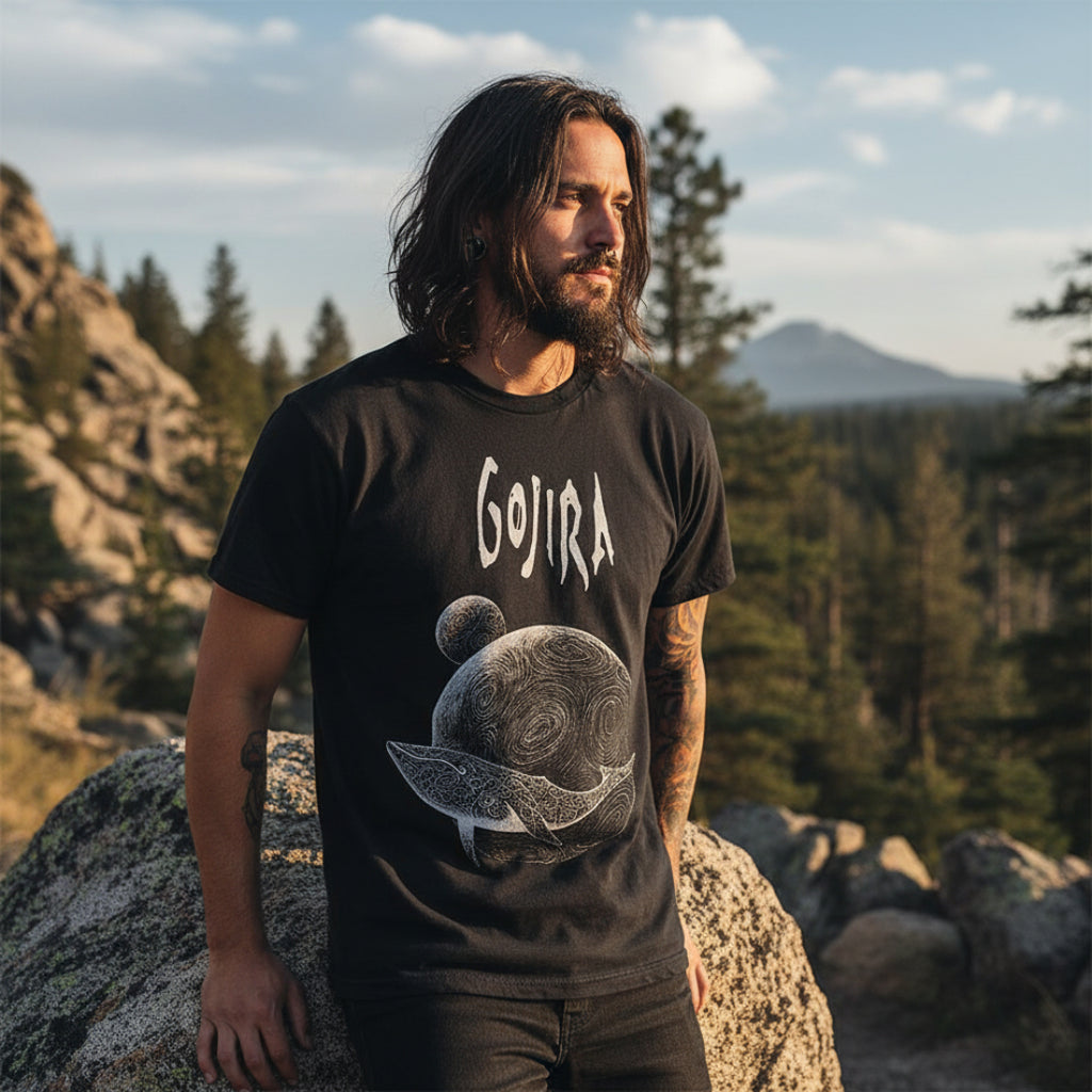 Man wearing Black t-shirt with 'Gojira' logo and design MM-GOJ-01S, MM-GOJ-01M, MM-GOJ-01L, MM-GOJ-01X, MM-GOJ-01XX, MM-GOJ-01XXX