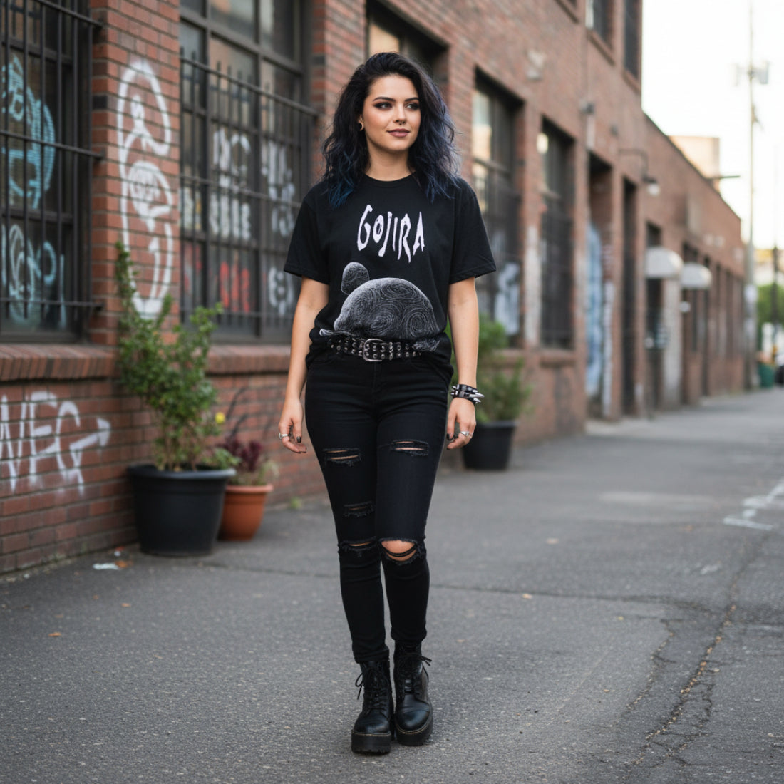 WOMAN WEARING Black t-shirt with 'Gojira' logo and design MM-GOJ-01S, MM-GOJ-01M, MM-GOJ-01L, MM-GOJ-01X, MM-GOJ-01XX, MM-GOJ-01XXX