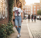 WOMAN WEARING White t-shirt with a graphic design of a person playing guitar and the word 'Gorillaz' on a white background. MM-GOR-01S, MM-GOR-01M, MM-GOR-01L, MM-GOR-01X, MM-GOR-01XX, MM-GOR-01XXX