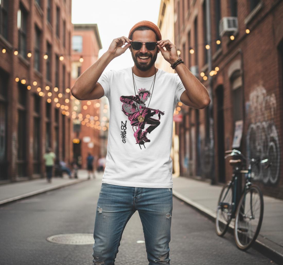 MAN WEARING White t-shirt with a graphic design of a person playing guitar, featuring the brand 'Gorillaz'. MM-GOR-01S, MM-GOR-01M, MM-GOR-01L, MM-GOR-01X, MM-GOR-01XX, MM-GOR-01XXX