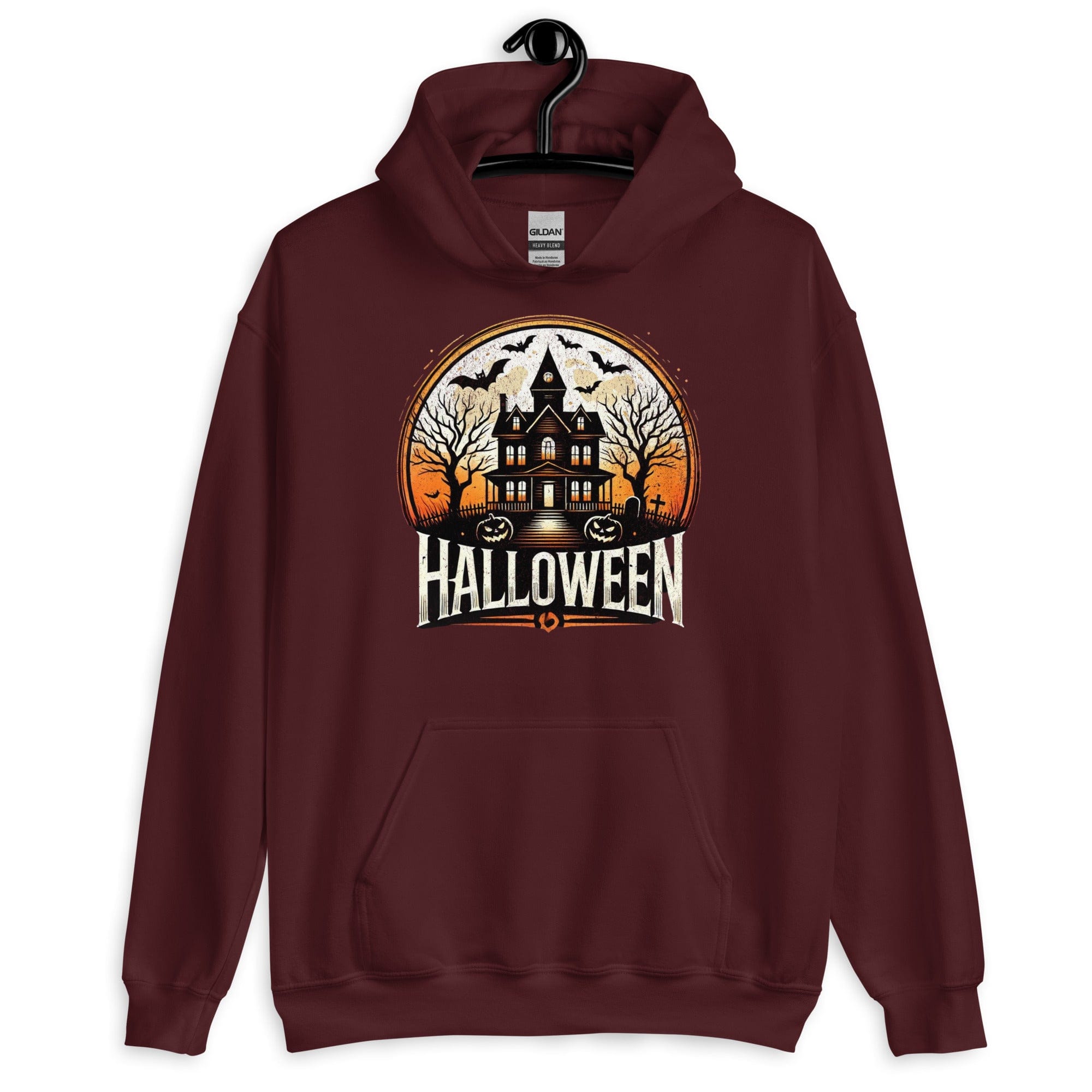 Maroon / S Halloween Haunted House Unisex Pullover Hoodie 8462611_5586