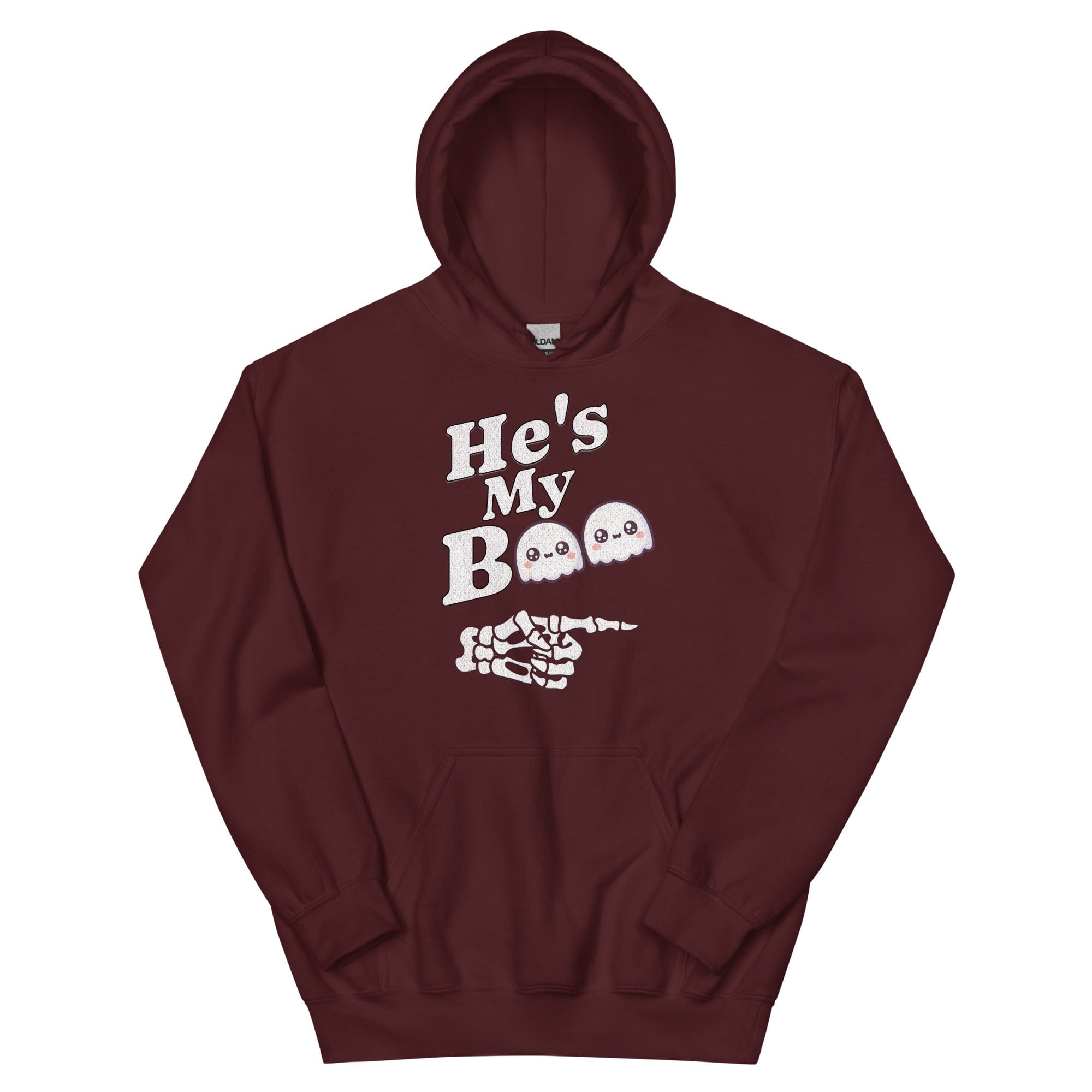 Maroon / S He's My Boo Halloween Unisex Pullover Hoodie 3497478_5586