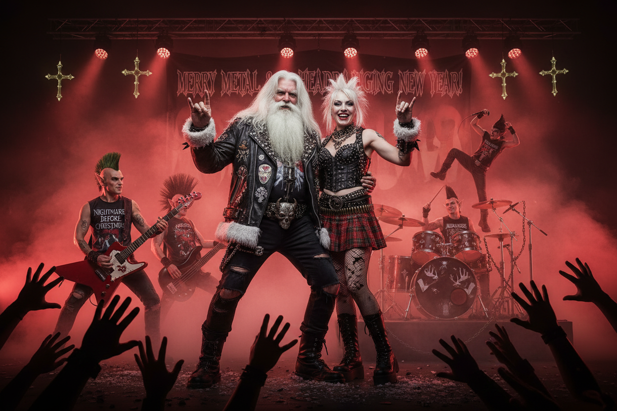 horizontal main image banner featuring a heavy metal Santa Clause and Mrs Clause, along with rocker elves. 