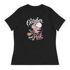 Black / S In October We Wear Pink Cute Witch Women's Relaxed T-Shirt 9217501_10187