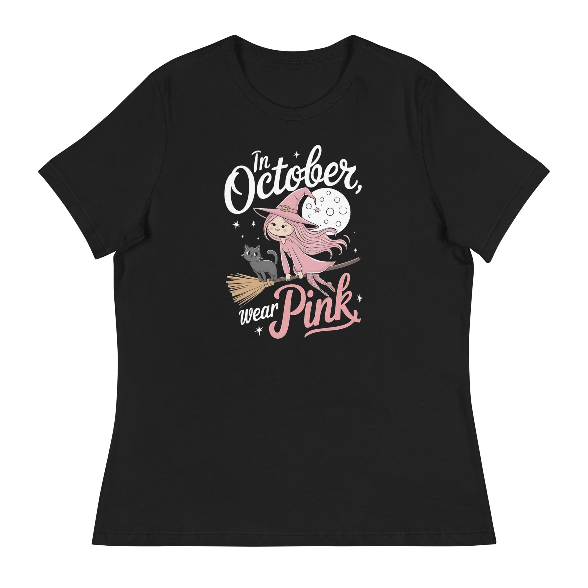 Black / S In October We Wear Pink Cute Witch Women's Relaxed T-Shirt 9217501_10187