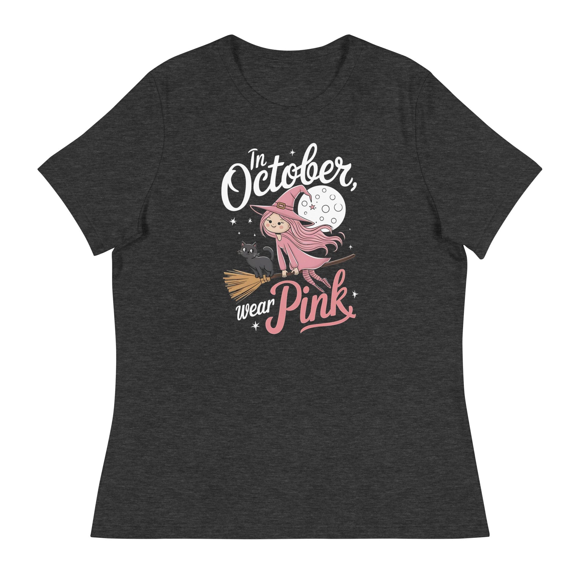 Dark Grey Heather / S In October We Wear Pink Cute Witch Women's Relaxed T-Shirt 9217501_10193