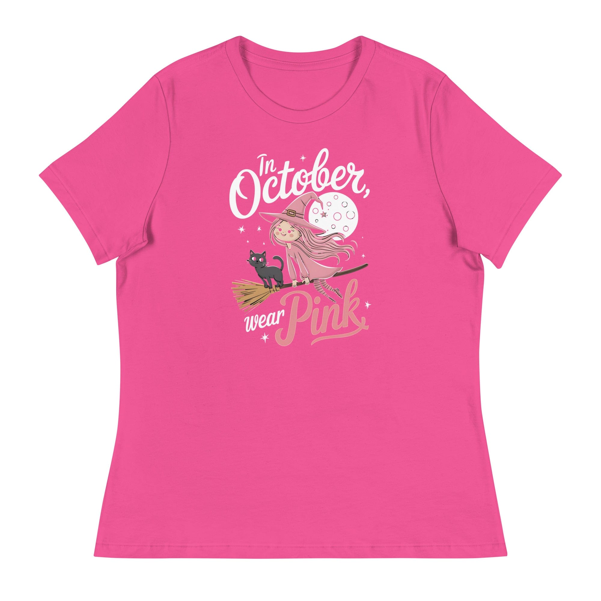 Berry / S In October We Wear Pink Cute Witch Women's Relaxed T-Shirt 9217501_10182