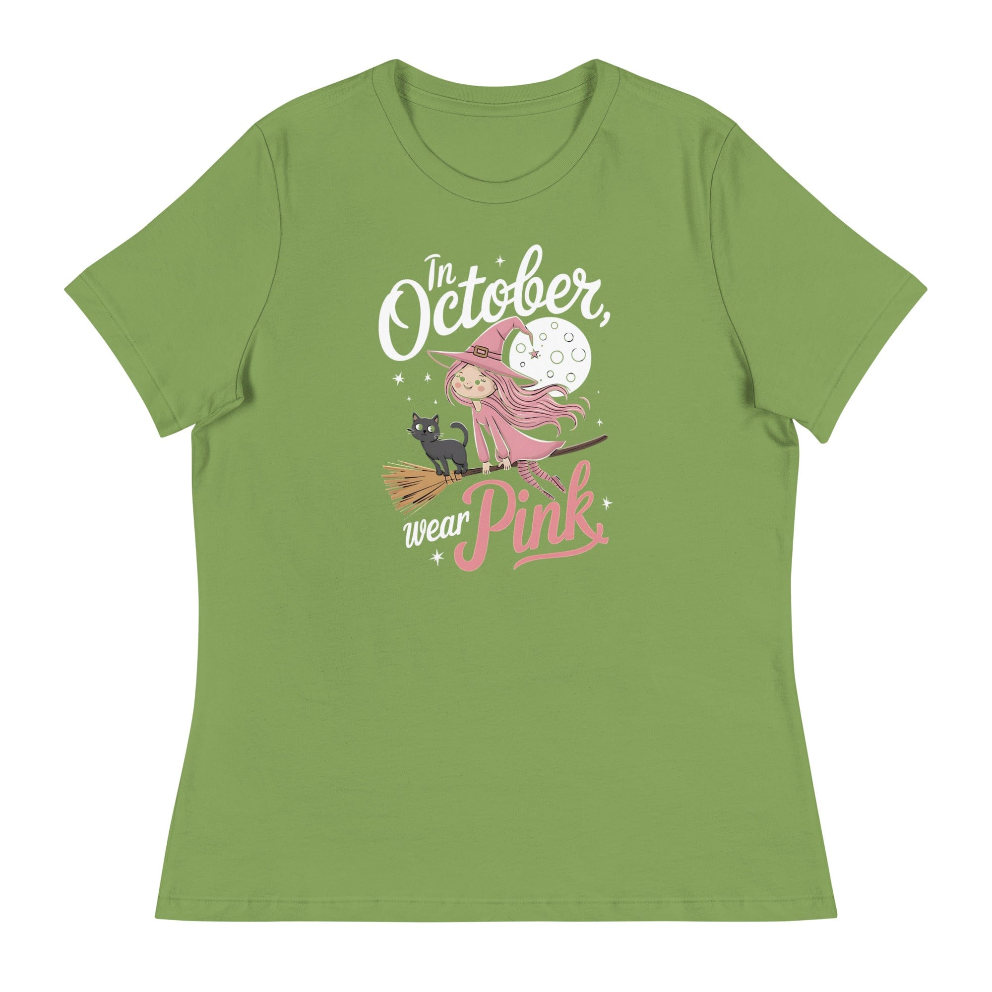 Leaf / S In October We Wear Pink Cute Witch Women's Relaxed T-Shirt 9217501_10225