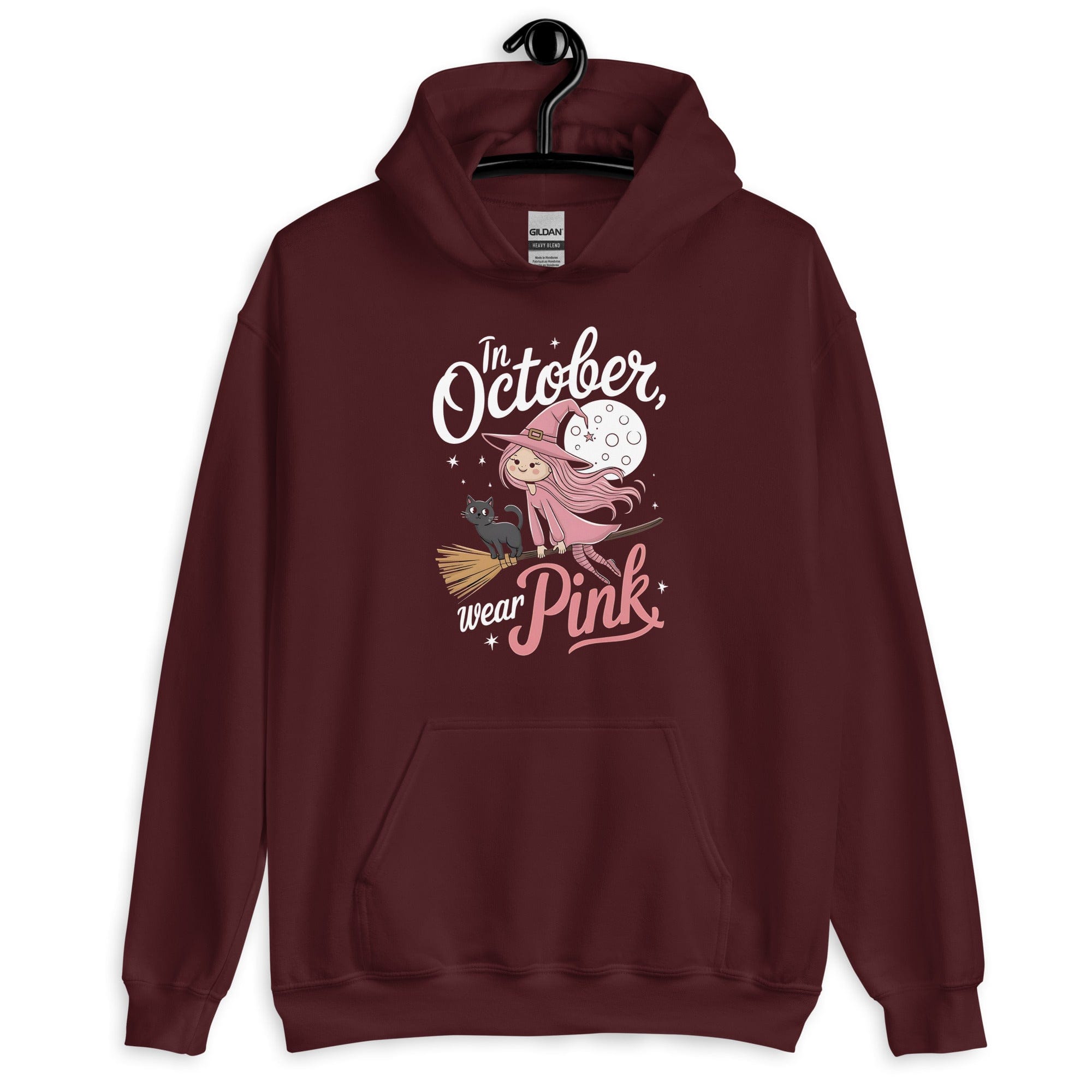 Maroon / S In October We Wear Pink Halloween Witch Unisex Pullover Hoodie 8199880_5586