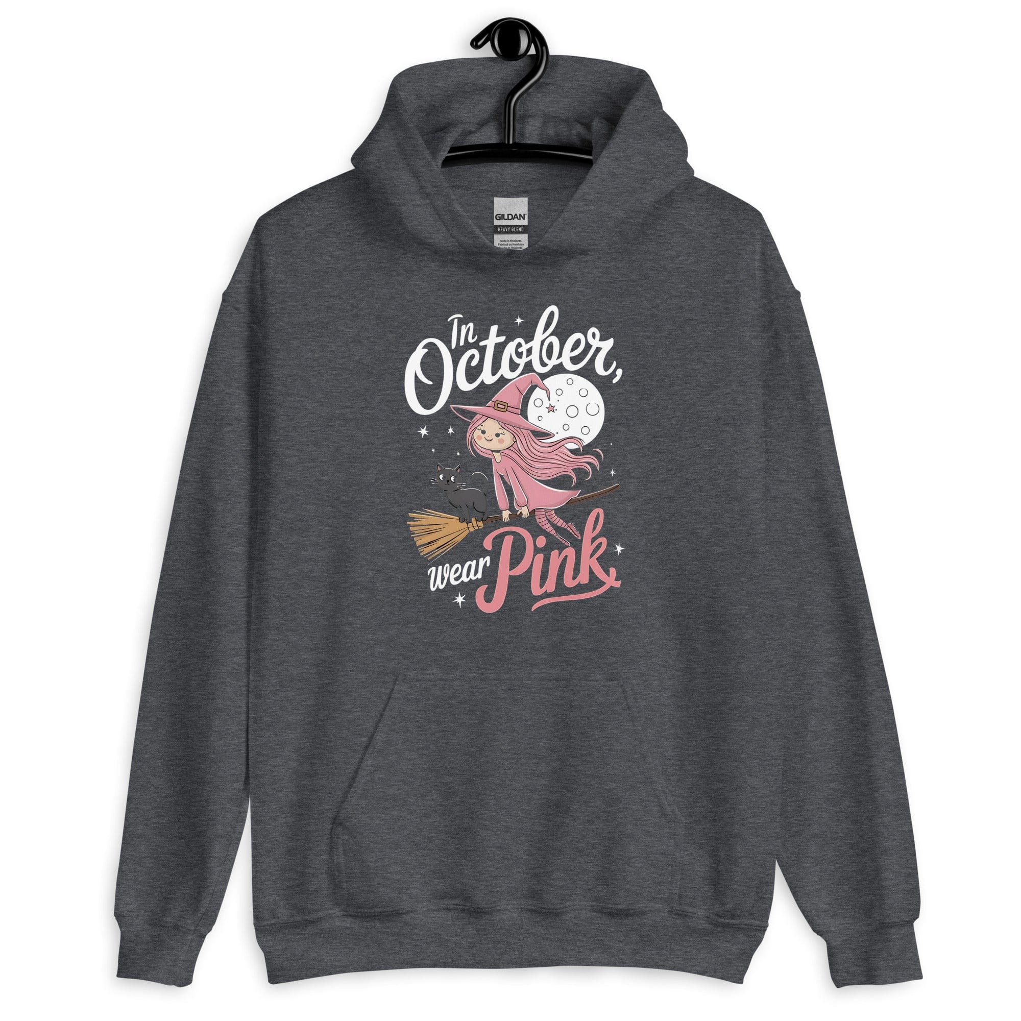 Dark Heather / S In October We Wear Pink Halloween Witch Unisex Pullover Hoodie 8199880_10806