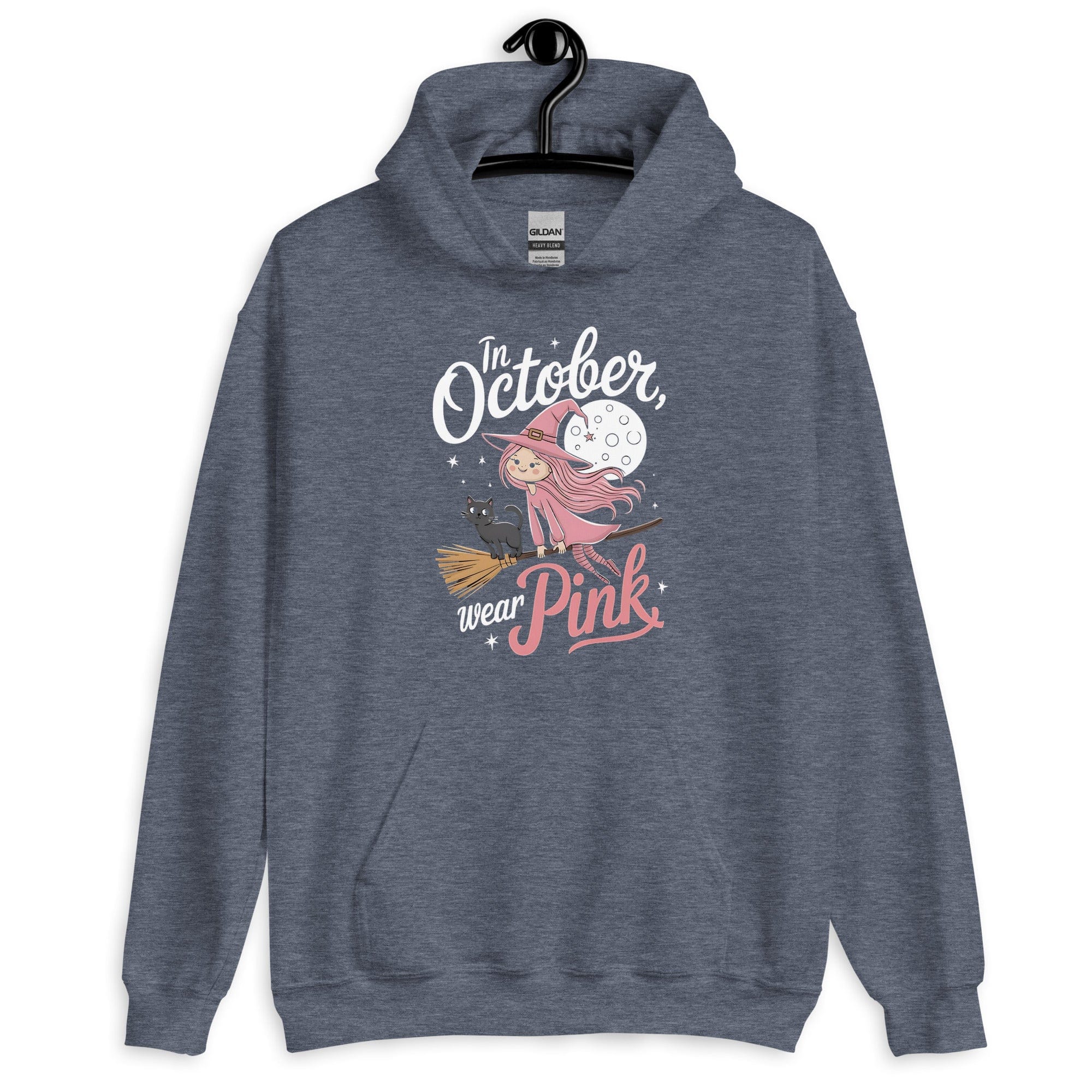 Heather Sport Dark Navy / S In October We Wear Pink Halloween Witch Unisex Pullover Hoodie 8199880_17411