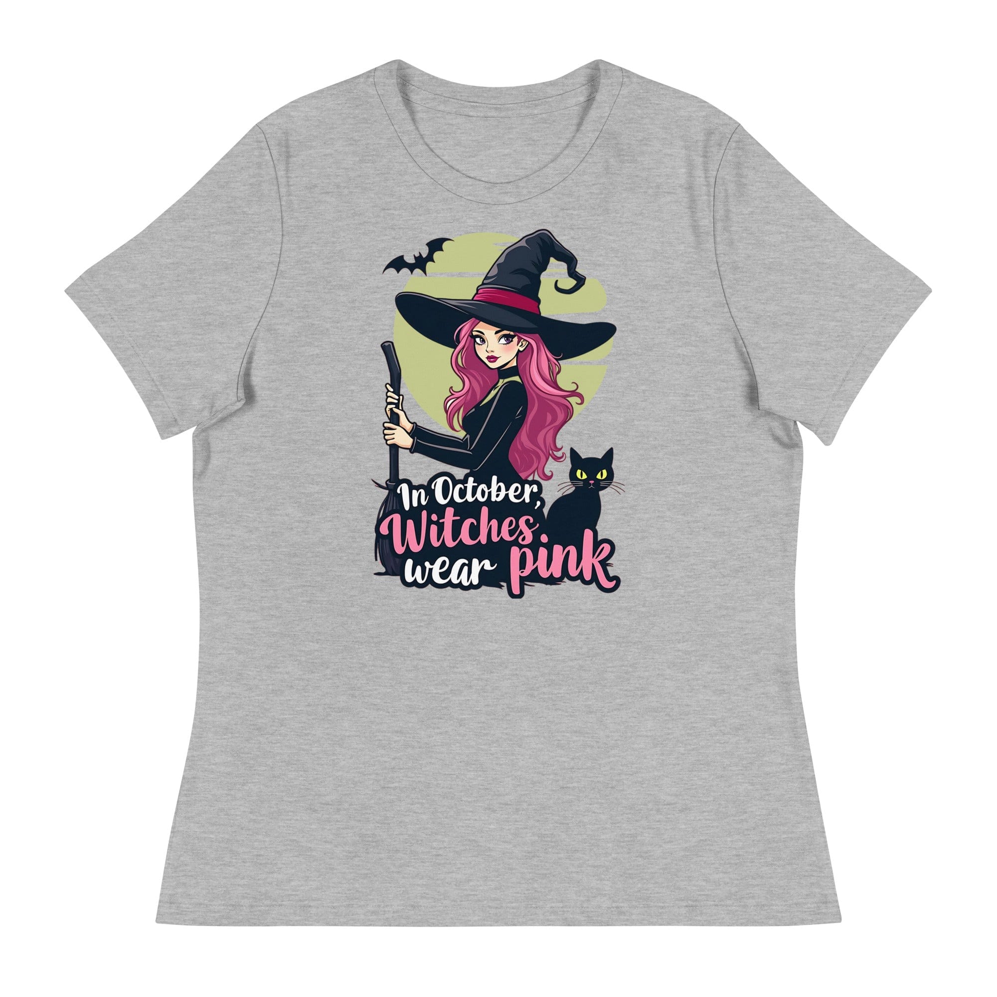 Athletic Heather / S In October We Wear Pink Witch Women's Relaxed T-Shirt Breast Cancer Awareness 7205392_10176