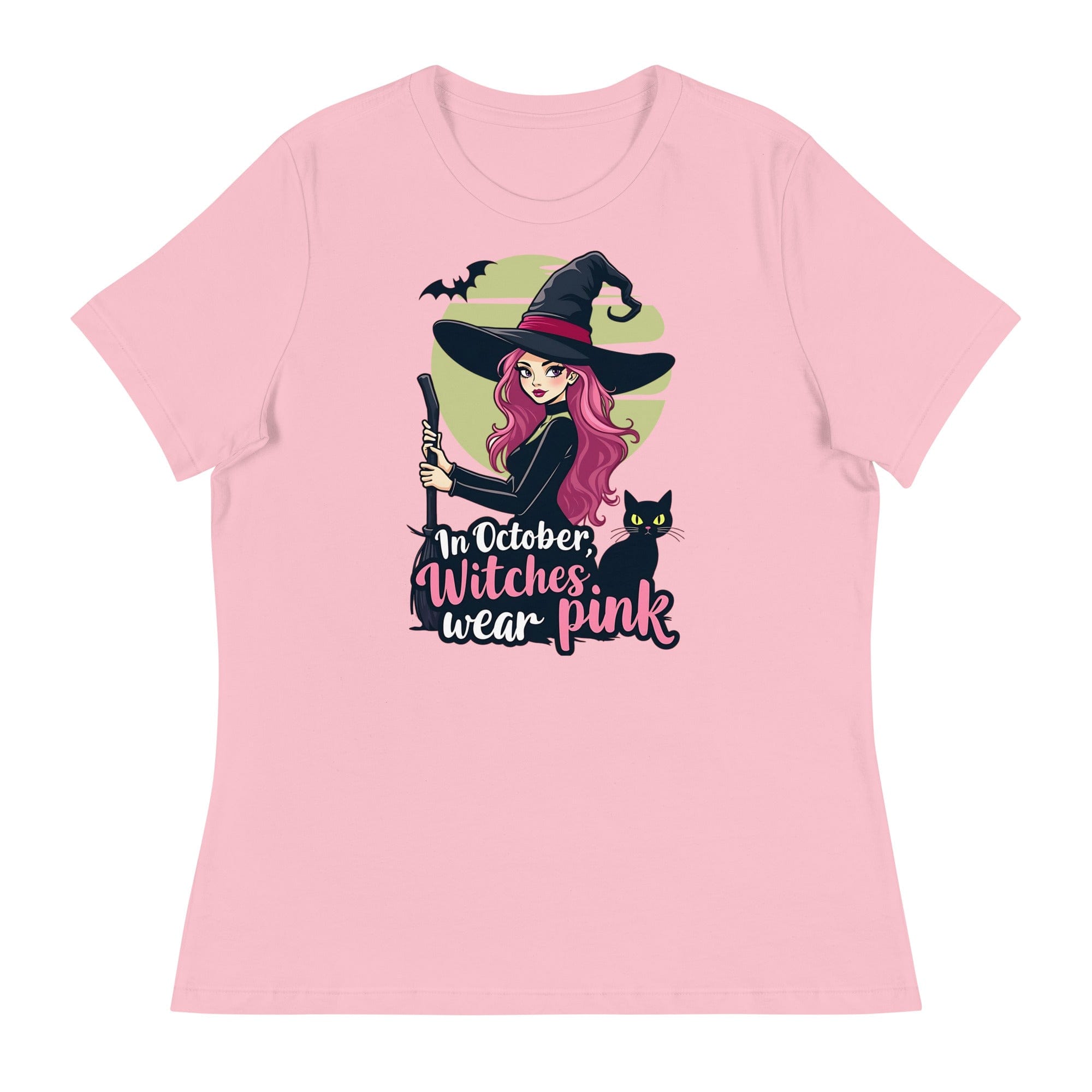 Pink / S In October We Wear Pink Witch Women's Relaxed T-Shirt Breast Cancer Awareness 7205392_10241
