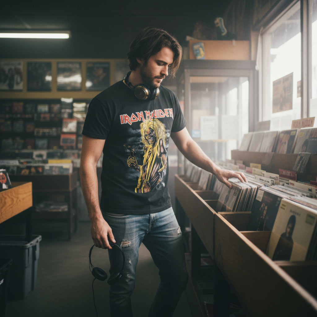 Man wearing Iron Maiden Killers shirt MADN524S, MADN524M, MADN524L, MADN524XL, MADN524XXL, MADN524XXXL, MADN524XXXXL, MADN524XXXXXL