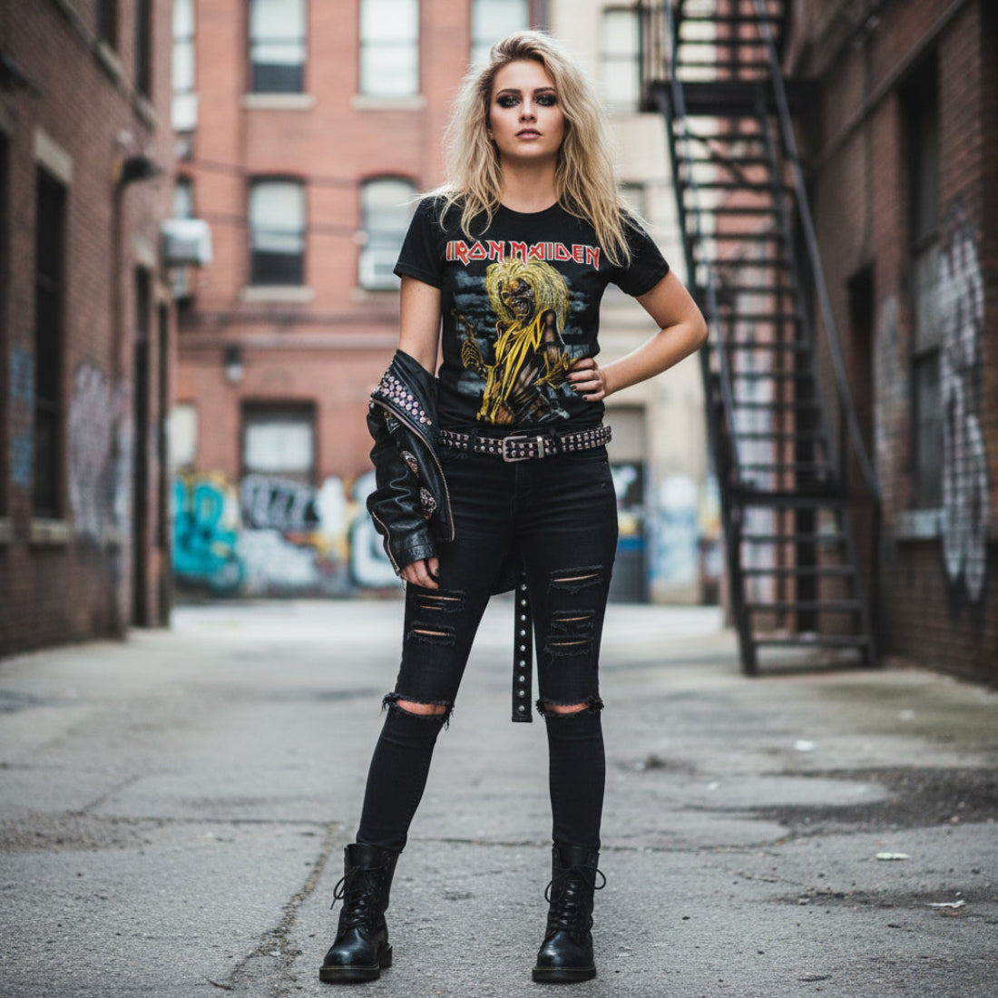 WOMAN WEARING IRON MAIDEN KILLERS SHIRT MADN524S, MADN524M, MADN524L, MADN524XL, MADN524XXL, MADN524XXXL, MADN524XXXXL, MADN524XXXXXL