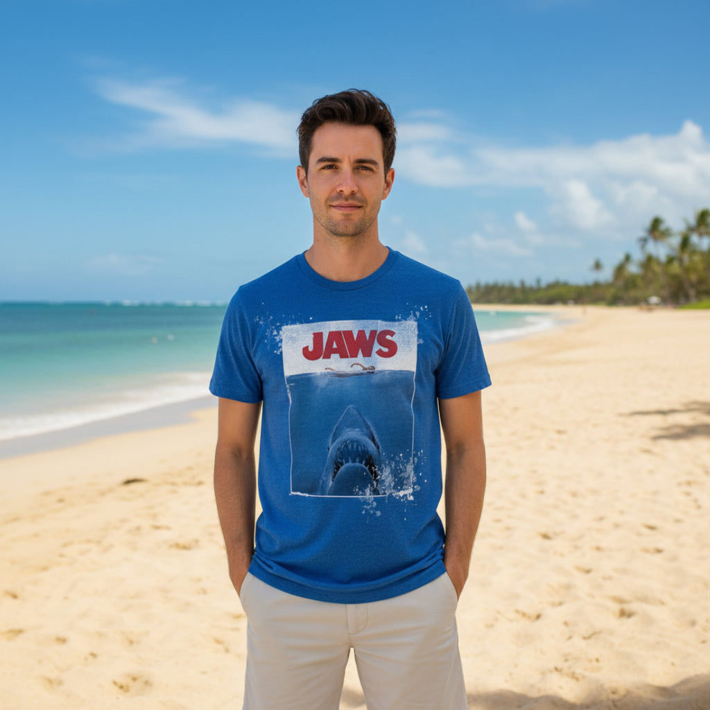 Man wearing Blue t-shirt with 'JAWS' graphic and 'Amity Island 1975' JAW507S, JAW507M, JAW507L, JAW507XL, JAW507XXL, JAW507XXXL, JAW507XXXXL, JAW507XXXXXL