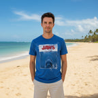 Man wearing Blue t-shirt with 'JAWS' graphic and 'Amity Island 1975' JAW507S, JAW507M, JAW507L, JAW507XL, JAW507XXL, JAW507XXXL, JAW507XXXXL, JAW507XXXXXL