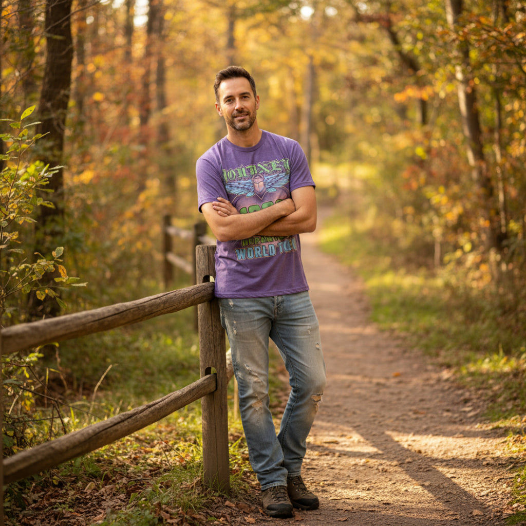 MAN WEARING Purple t-shirt with 'Journey' 1980 Departure World Tour graphic design JOU5151S, JOU5151M, JOU5151L, JOU5151XL, JOU5151XXL