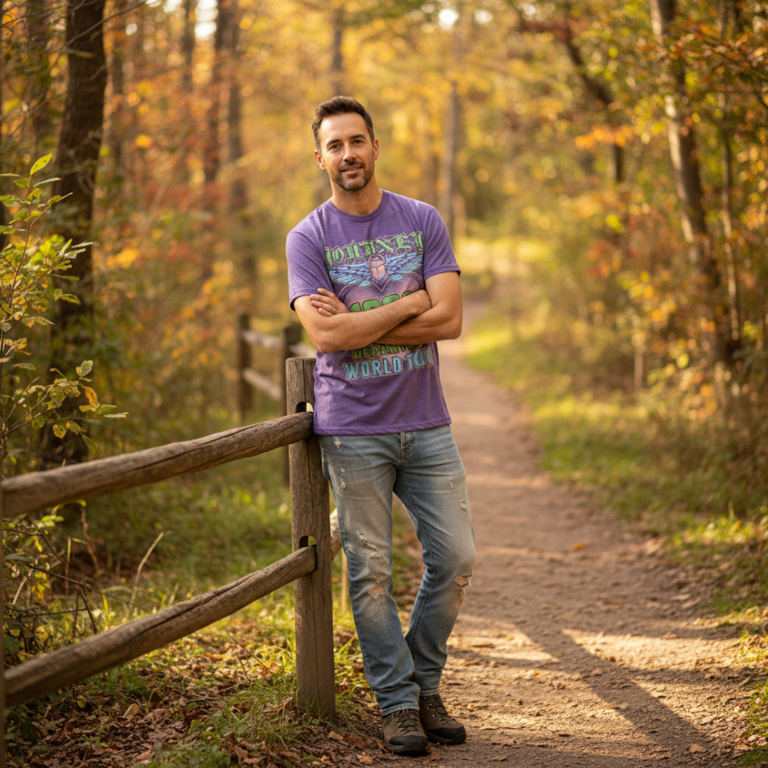 MAN WEARING Purple t-shirt with 'Journey' 1980 Departure World Tour graphic design JOU5151S, JOU5151M, JOU5151L, JOU5151XL, JOU5151XXL