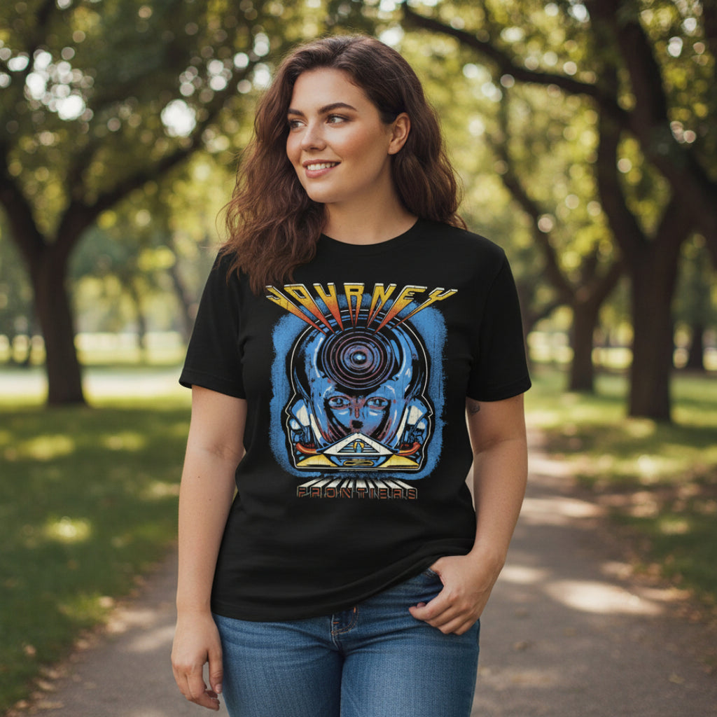 WOMAN WEARING JOURNEY FRONTIERS TEE JOU5154S, JOU5154M, JOU5154L, JOU5154XL, JOU5154XXL, JOU5154XXXL, JOU5154XXXXL, JOU5154XXXXXL 