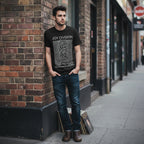 Man wearing Black t-shirt with Joy Division 'Unknown Pleasures' MM-JOY-01s, MM-JOY-01M, MM-JOY-01L, MM-JOY-01X, MM-JOY-01XX, MM-JOY-01XXX