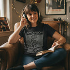 WOMAN WEARING JOY DIVISION UNKNOWN PLEASURES TEE MM-JOY-01S, MM-JOY-01M, MM-JOY-01L, MM-JOY-01X, MM-JOY-01XX, MM-JOY-01XXX