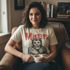 Woman wearing T-shirt with 'Misfits' logo and skeleton MSF516S, MSF516M, MSF516L, MSF516XL, MSF516XXL, MSF516XXXL, MSF516XXXXL