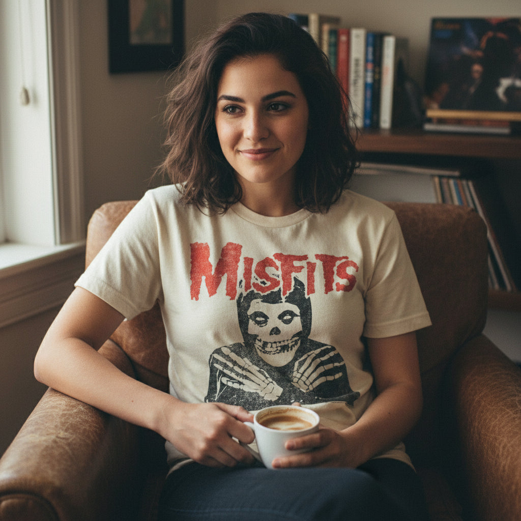Woman wearing T-shirt with 'Misfits' logo and skeleton MSF516S, MSF516M, MSF516L, MSF516XL, MSF516XXL, MSF516XXXL, MSF516XXXXL