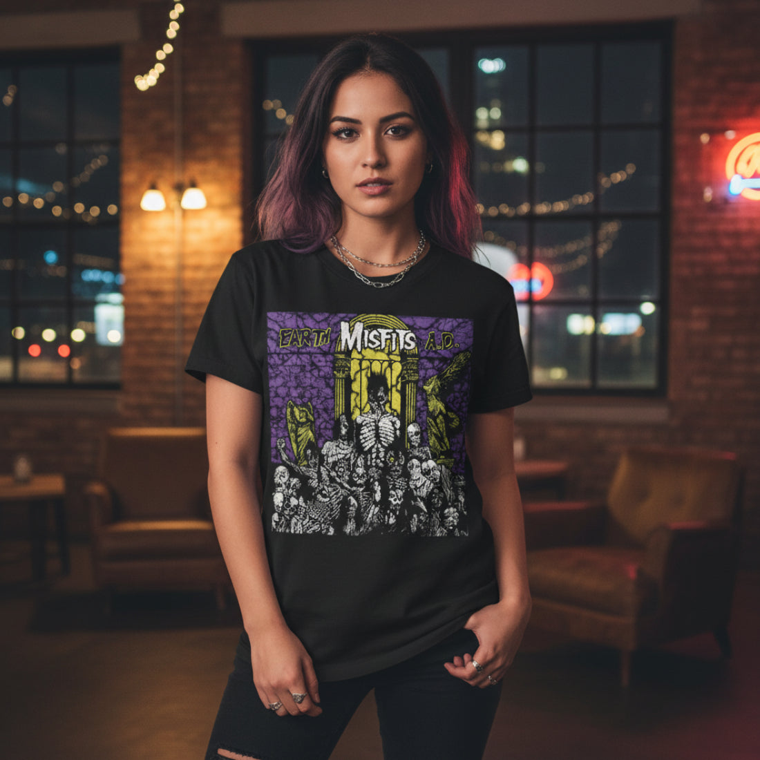 WOMAN WEARING MISFITS EARTH AD TEE MSF501S, MSF501M, MSF501L, MSF501XL, MSF501XXL, MSF501XXXL, MSF501XXXXL, MSF501XXXXXL