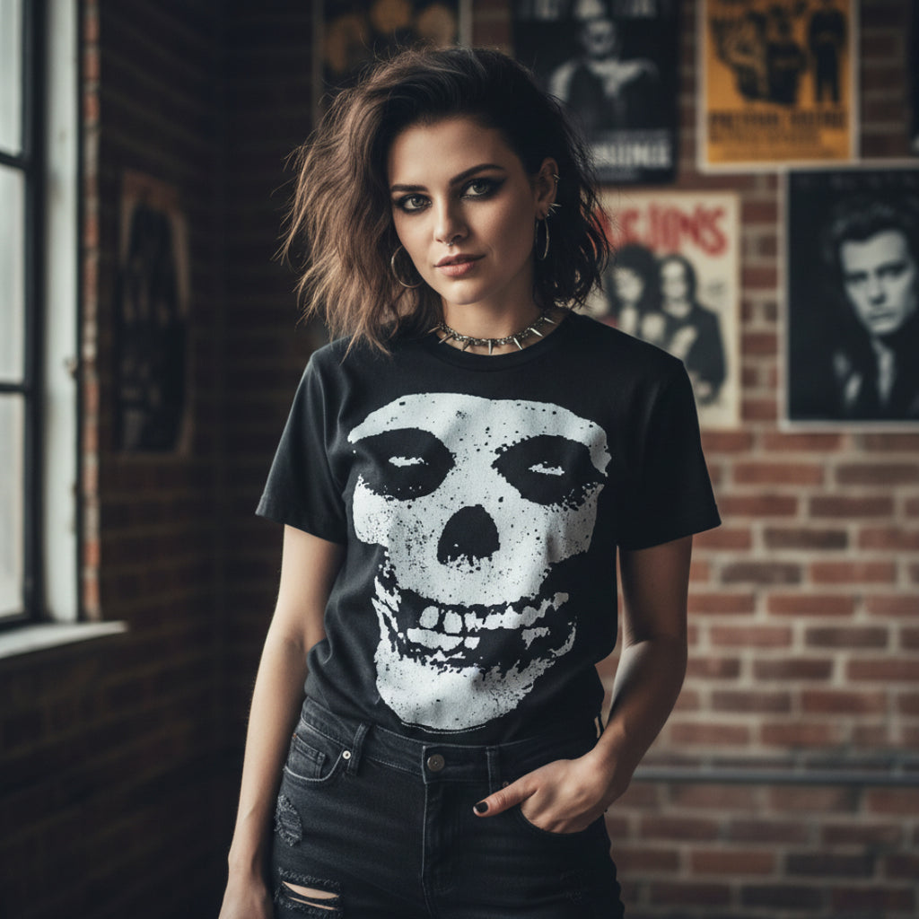 WOMAN WEARING MISFITS SKULL TEE MSF514S, MSF514M, MSF514L, MSF514XL, MSF514XXL, MSF514XXXL, MSF514XXXXL, MSF514XXXXXL