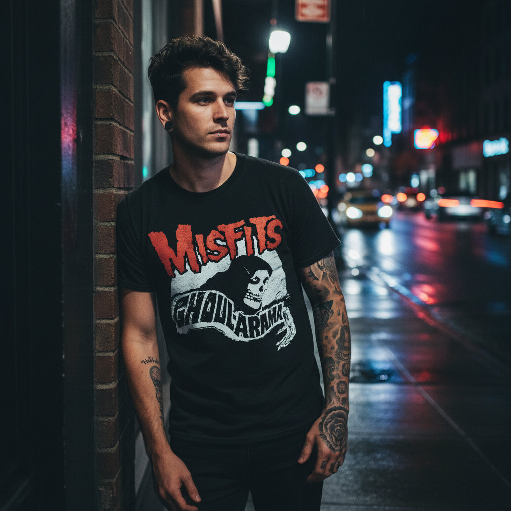 MAN WEARING Black t-shirt with 'Misfits Ghoularama' graphic design 
