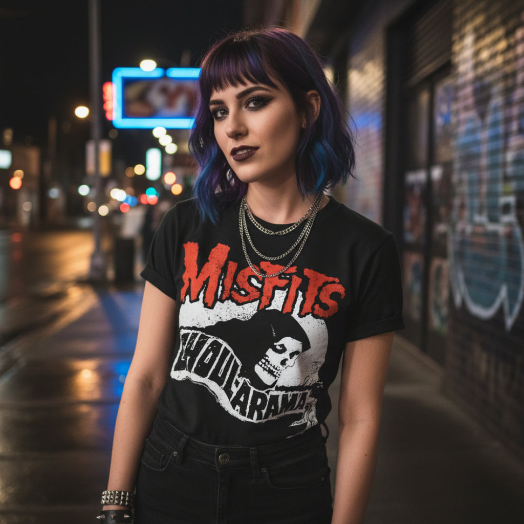 WOMAN WEARING Black t-shirt with 'Misfits Ghoularama' graphic design MSF510S, MSF510M, MSF510L, MSF510XL, MSF510XXL, MSF510XXXL, MSF510XXXXL, MSF510XXXXXL