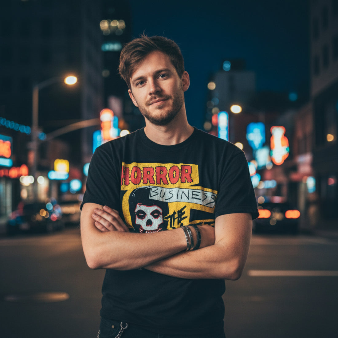 MAN WEARING MISFITS HORROR BUSINESS TEE MSF505S, MSF505M, MSF505L, MSF505XL, MSF505XXL, MSF505XXXL, MSF505XXXXL, MSF505XXXXXL