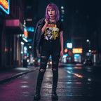 WOMAN WEARING MISFITS HORROR BUSINESS TEE MSF505S, MSF505M, MSF505L, MSF505XL, MSF505XXL, MSF505XXXL, MSF505XXXXL, MSF505XXXXXL