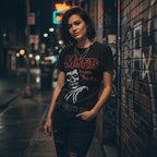 WOMAN WEARING MISFITS LEGACY OF BRUTALITY TEE MSF503S, MSF503M, MSF503L, MSF503XL, MSF503XXL, MSF503XXXL, MSF503XXXXL, MSF503XXXXXL