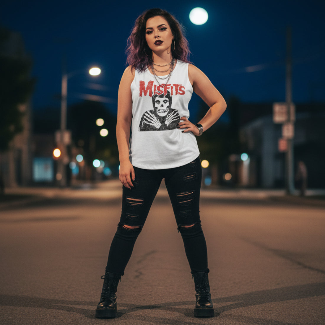 WOMAN WEARING White tank top with 'Misfits' graphic design  MSF516-329S, MSF516-329M, MSF516-329L, MSF516-329XL, MSF516-329XXL