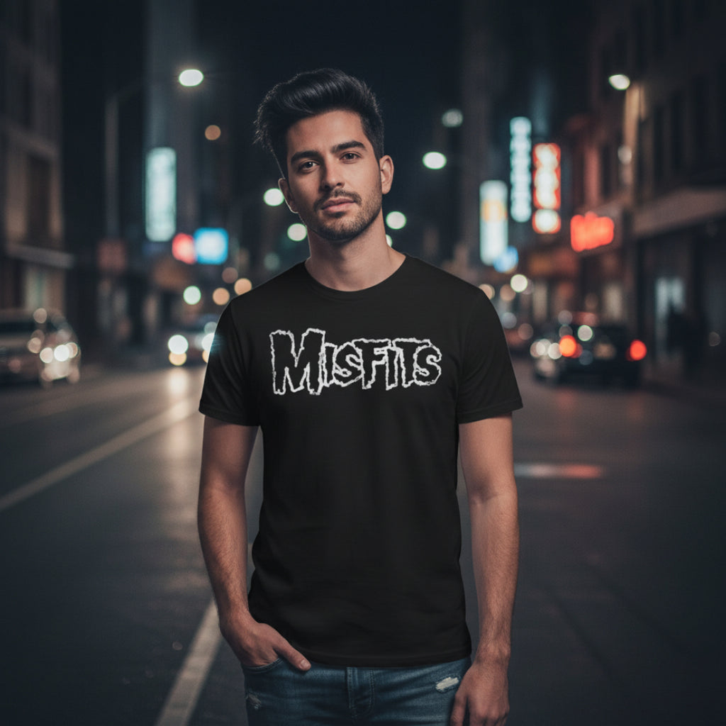 MAN WEARING Black t-shirt with 'Misfits' logo MSF511S, MSF511M, MSF511L, MSF511XL, MSF511XXL, MSF511XXXL, MSF511XXXXL, MSF511XXXXXL