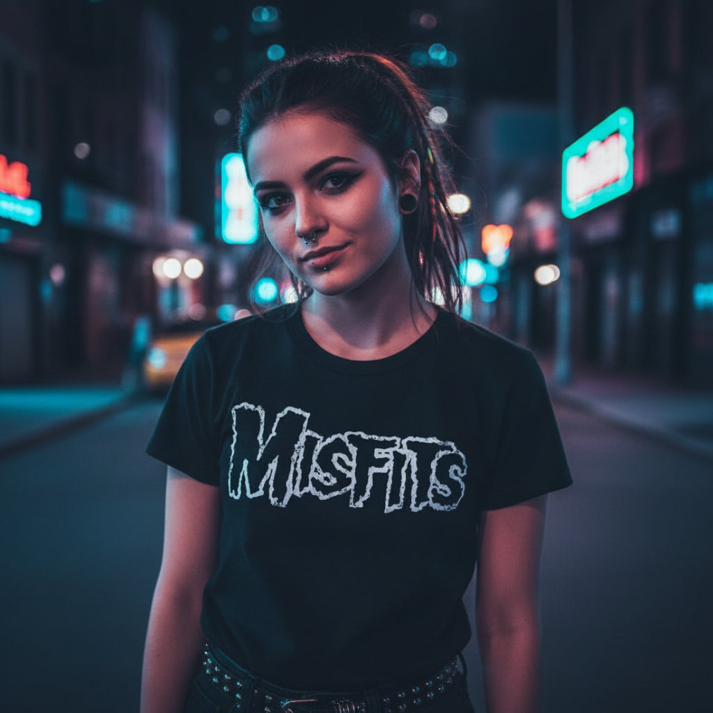 WOMAN WEARING Black t-shirt with 'Misfits' logo MSF511S, MSF511M, MSF511L, MSF511XL, MSF511XXL, MSF511XXXL, MSF511XXXXL, MSF511XXXXXL