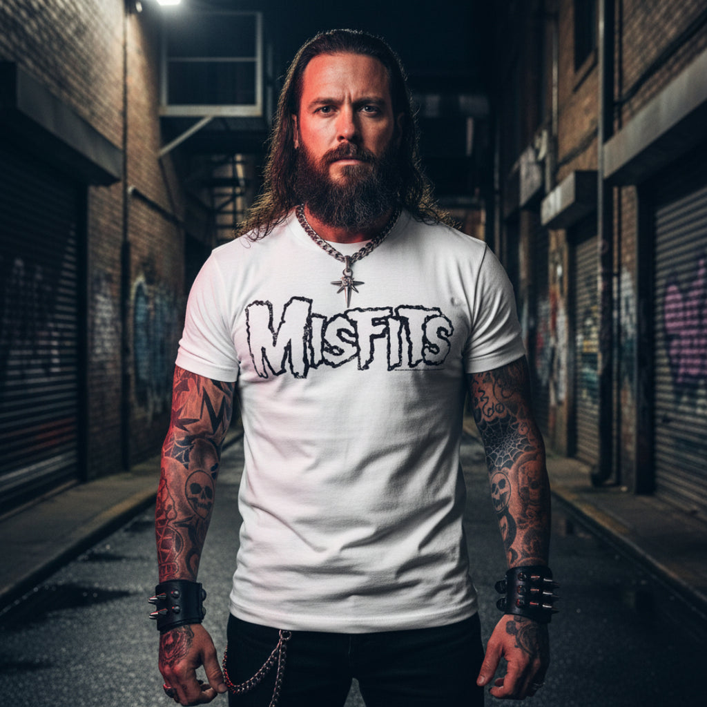 Man wearing a white 'Misfits' t-shirt in an alleyway with graffiti. MSF512S, MSF512M, MSF512L, MSF512XL, MSF512XXL, MSF512XXXL, MSF512XXXXL, MSF512XXXXXL
