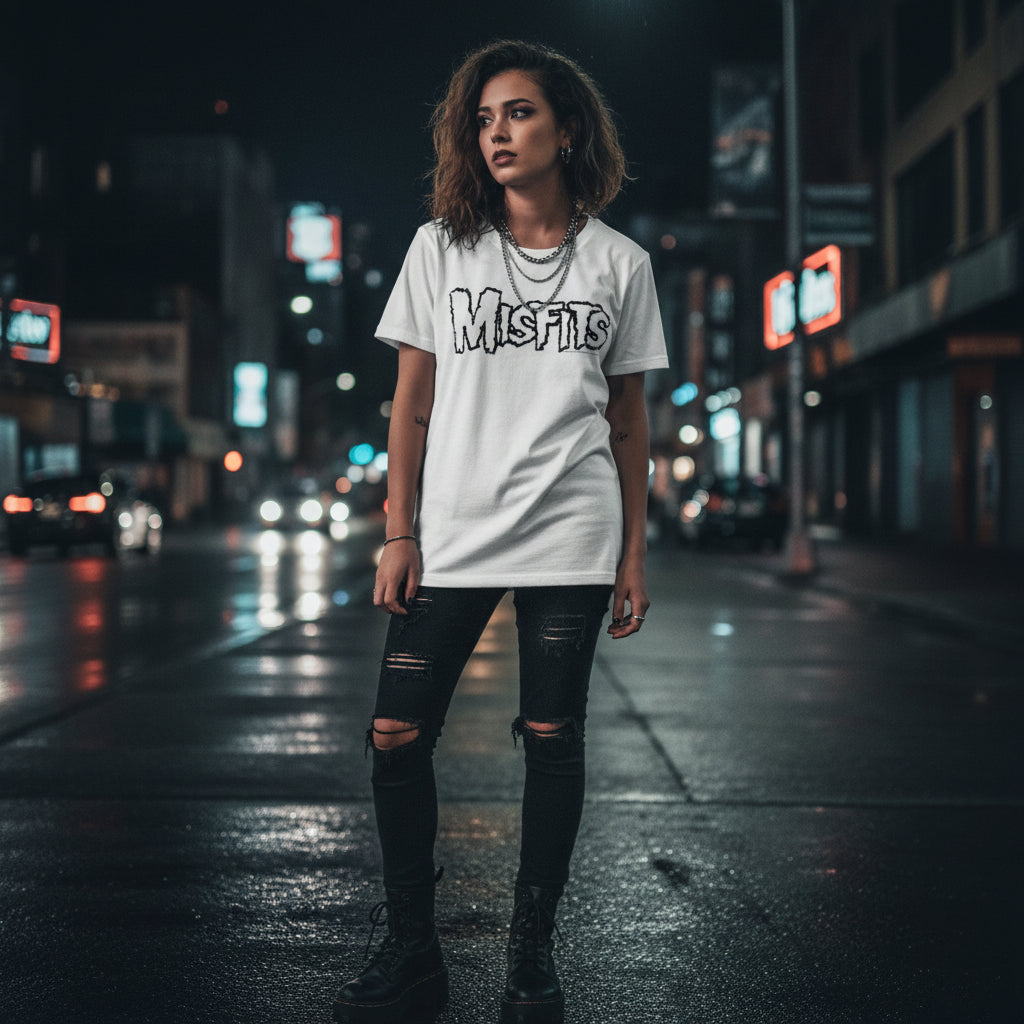 WOMAN WEARING White t-shirt with 'Misfits' text  MSF512S, MSF512M, MSF512L, MSF512XL, MSF512XXL, MSF512XXXL, MSF512XXXXL, MSF512XXXXXL