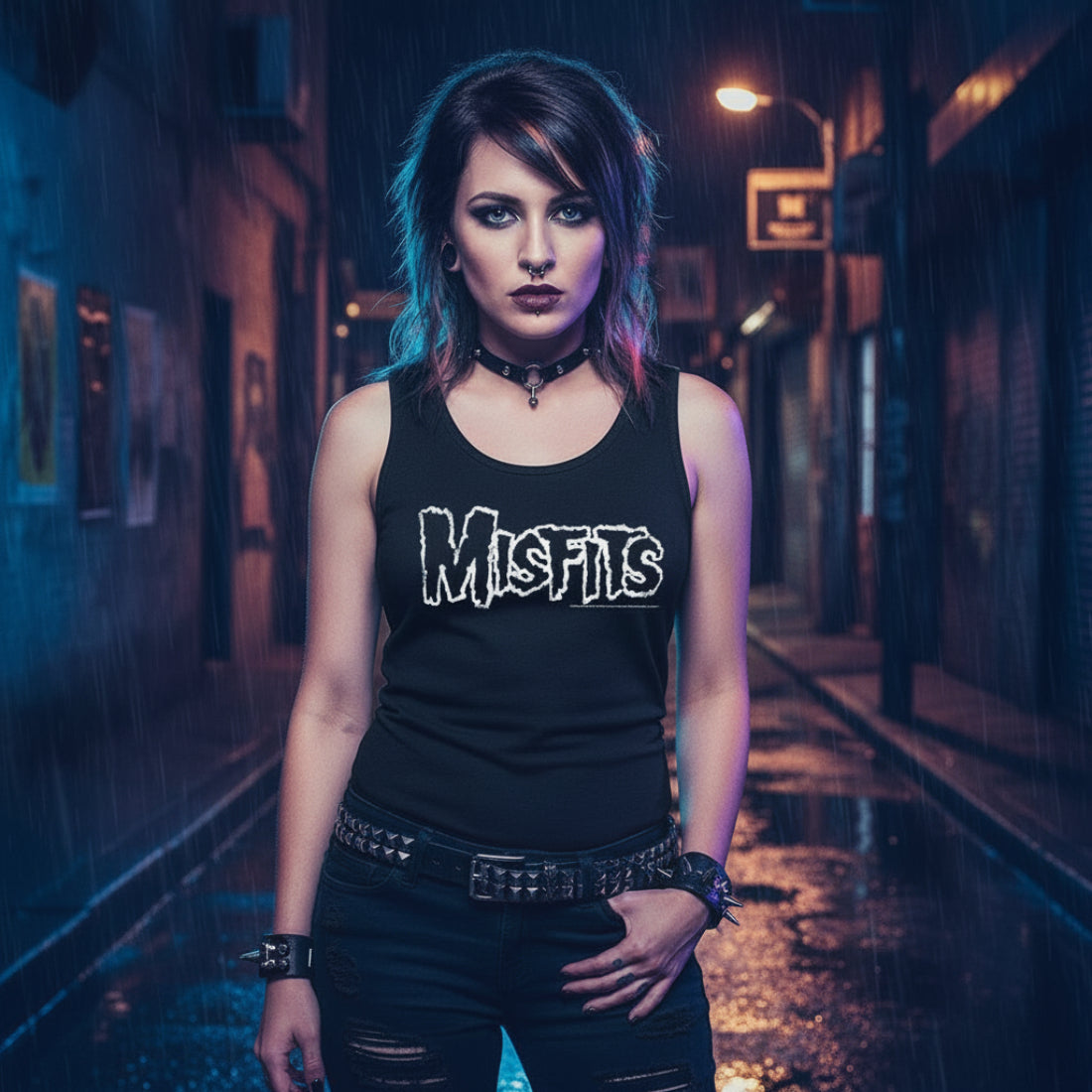 WOMAN WEARING Black tank top with 'Misfits' logo MSF511-329S, MSF511-329M, MSF511-329L, MSF511-329XL, MSF511-329XXL