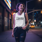 WOMAN WEARING White tank top with 'Misfits' text MSF512-329S, MSF512-329M, MSF512-329L, MSF512-329XL, MSF512-329XXL